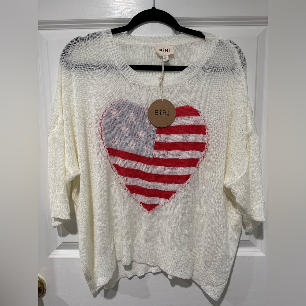 BiBi Women's White Sweater with Flag Heart